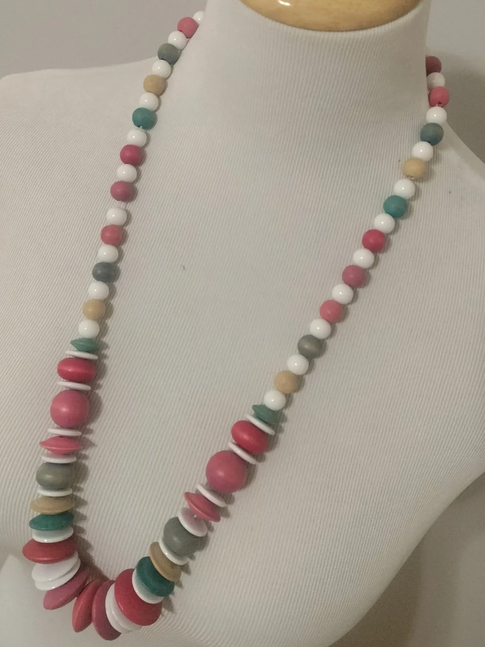 Wood Beaded Necklace with Gold Green and Red Accents-one is 
